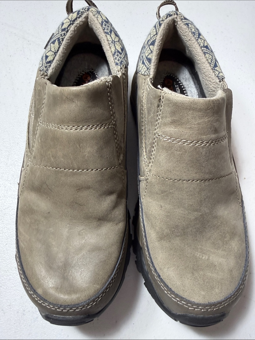 Merrell Slip-On Boots in Taupe with Navy Patterned Collar. With ice grip bottoms
